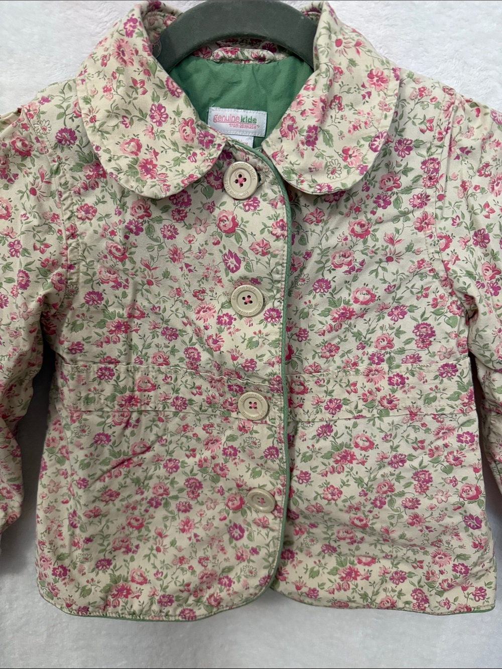 Genuine Kids From OshKosh Green and Pink Floral Button Pea Coat for Kids Size 5T - Picture 4 of 6